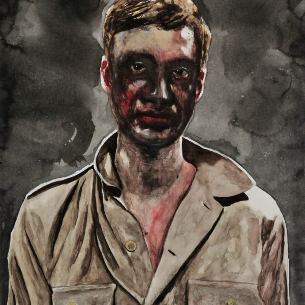 Selbstportrait als trauriger Clown II (Selfportrait as a Sad Clown II), 2020, watercolour and ink on paper, 100x70cm