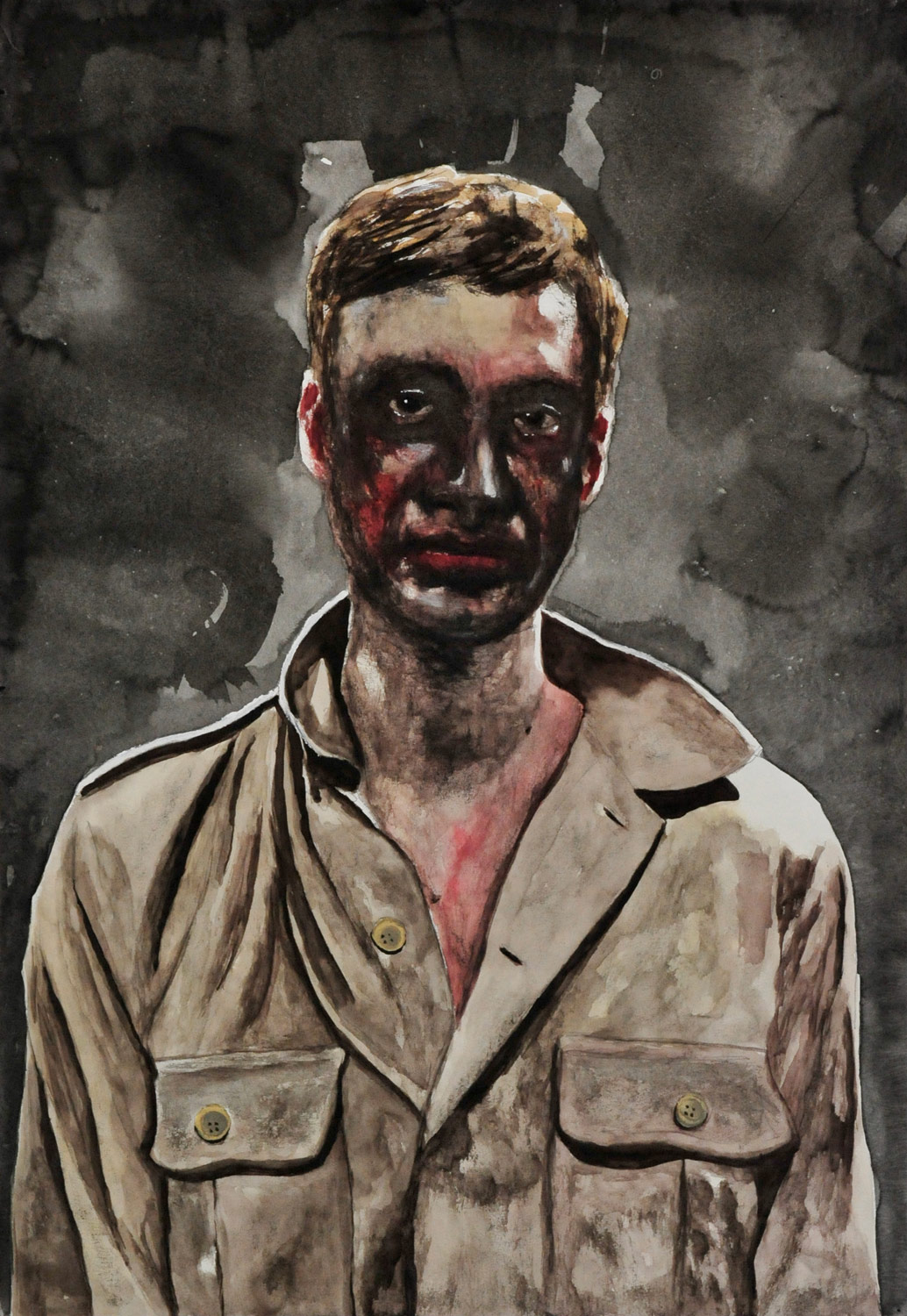Selbstportrait als trauriger Clown II (Selfportrait as a Sad Clown II), 2020, watercolour and ink on paper, 100x70cm