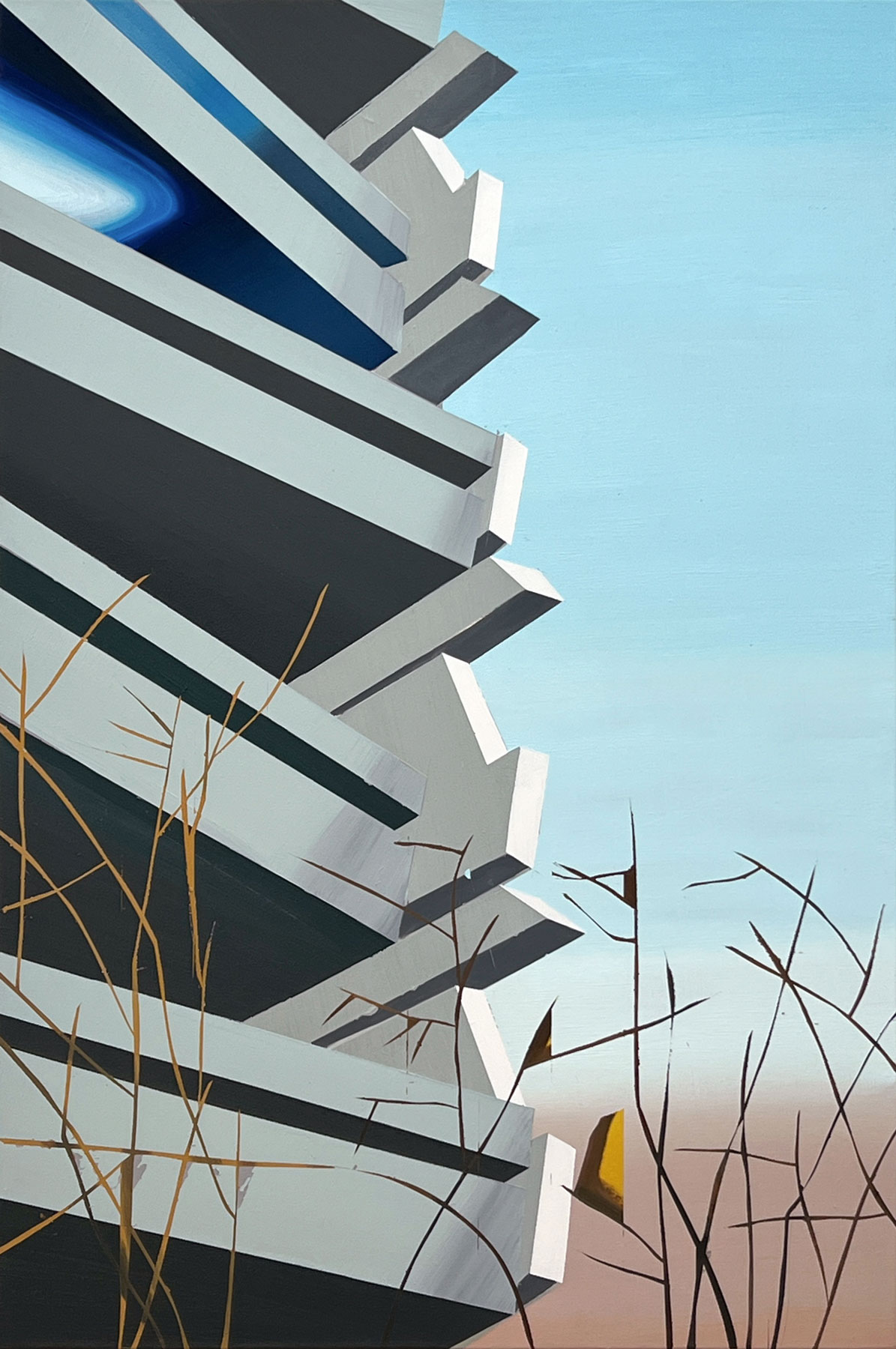 Katja von Puttkamer, Balkone mit blauem Licht, Mainz-Finthen, 2024, oil on cotton, 90 x 60 cm